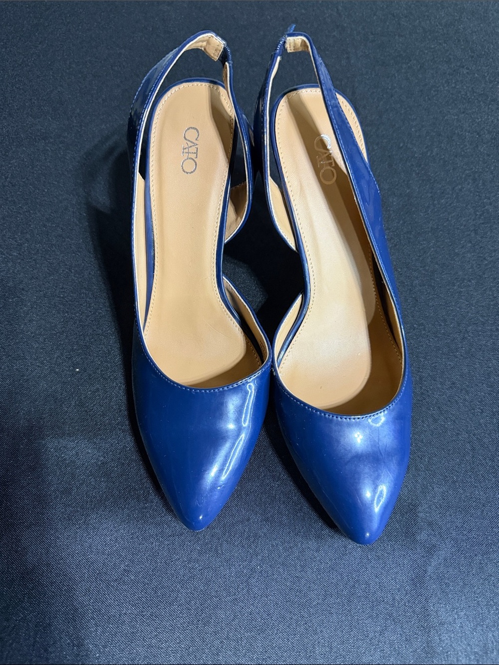 CATO Blue Patent Pointed-Toe Slingback Mules